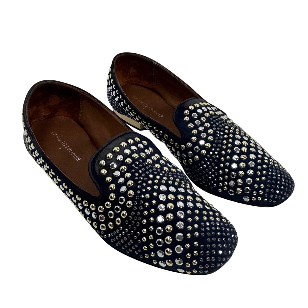 Donald J Pliner Henley Navy Suede Studded Loafers Gold Heel Flats HENLEYSPKS 9M